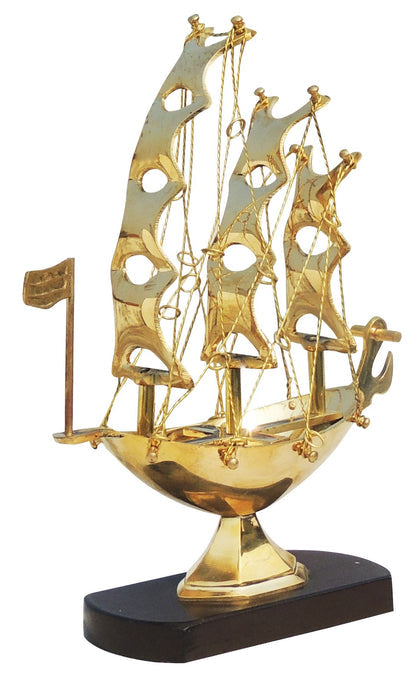 Brass Table Ship With Wooden Base