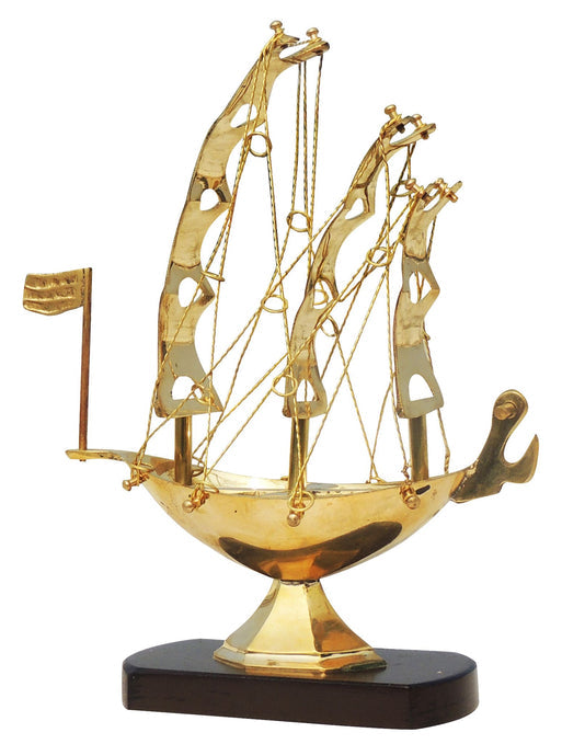 Brass Table Ship With Wooden Base