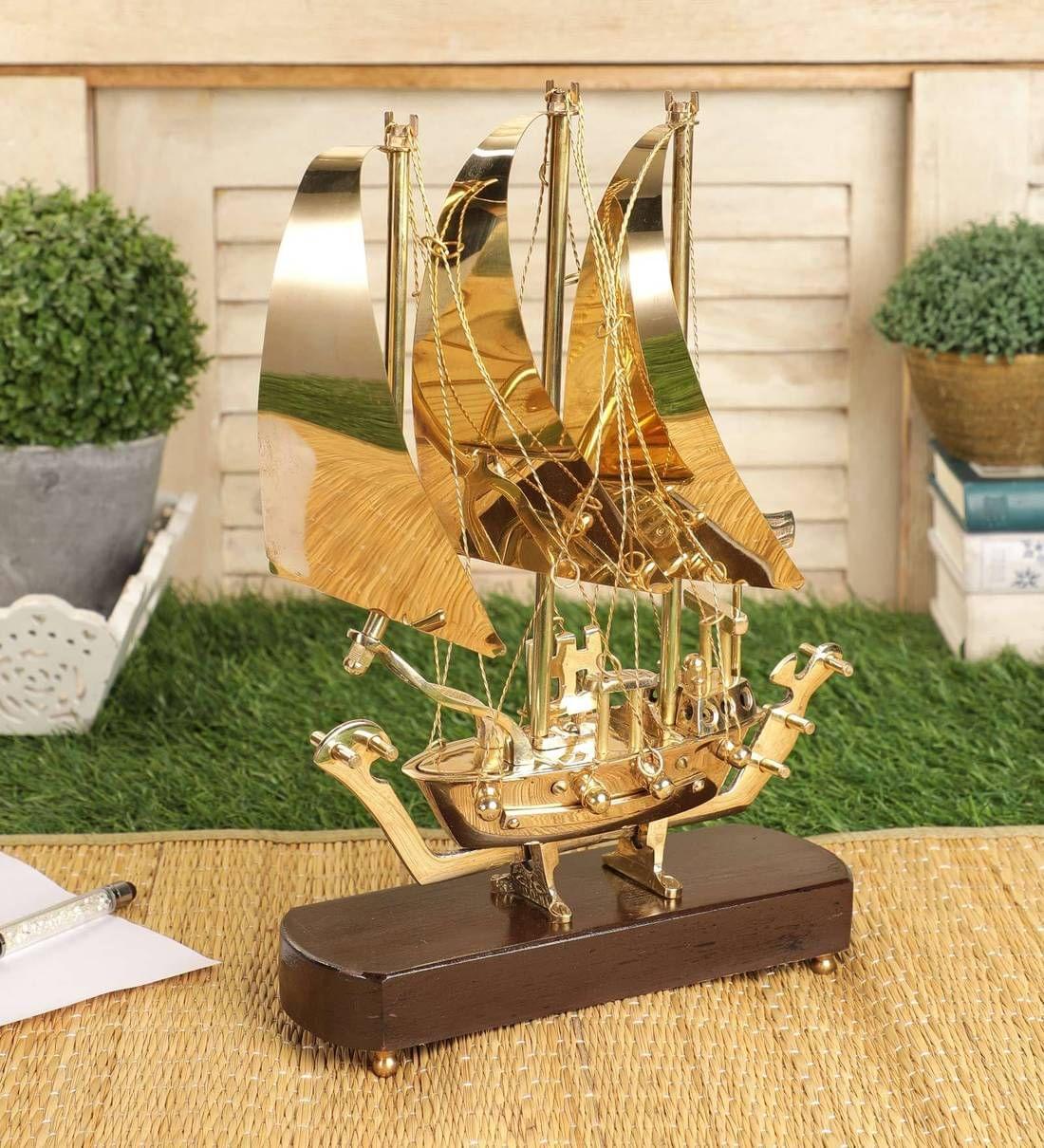 Brass Table Ship With Wooden Base