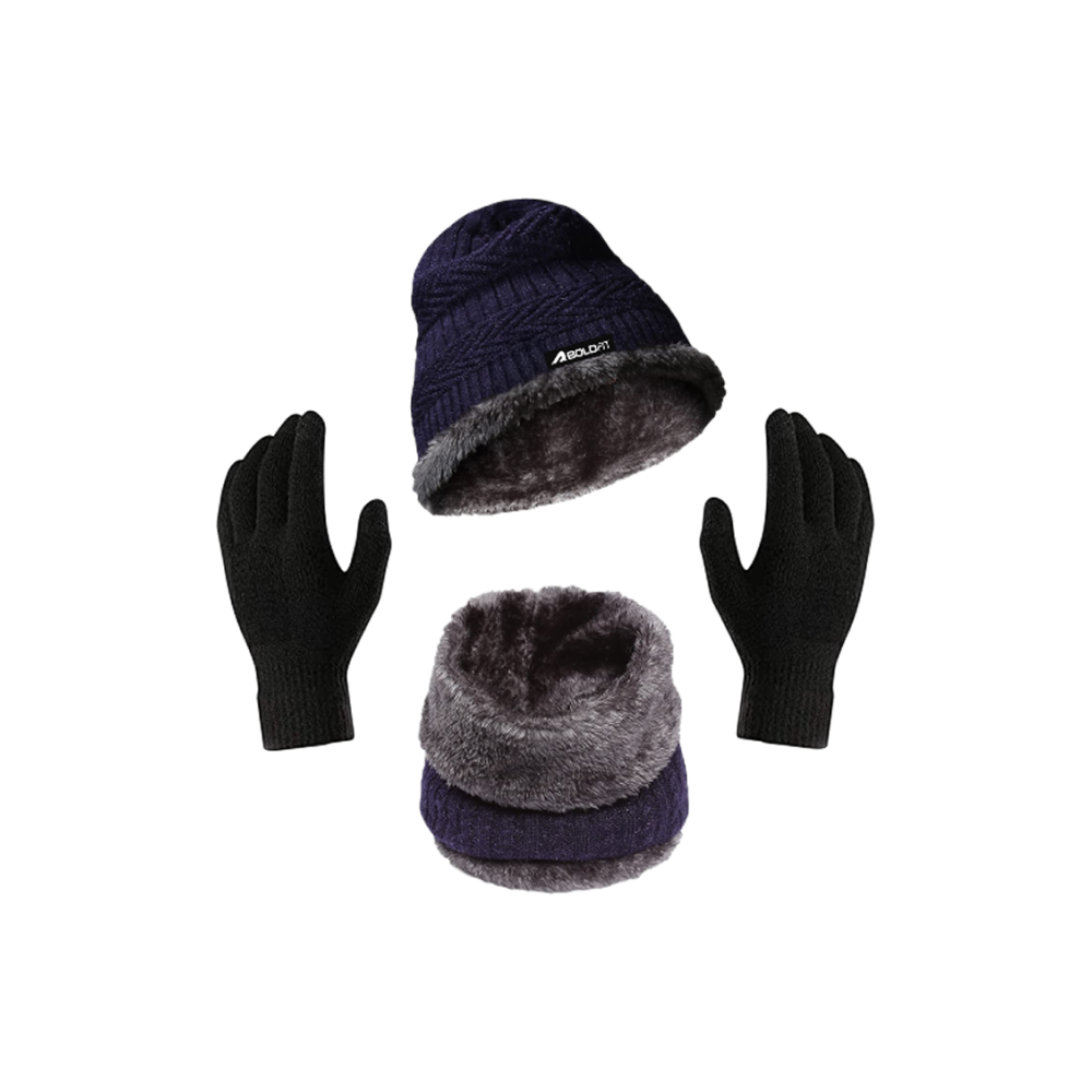 Boldfit Woolen Winter Cap Set (Blue, Black)