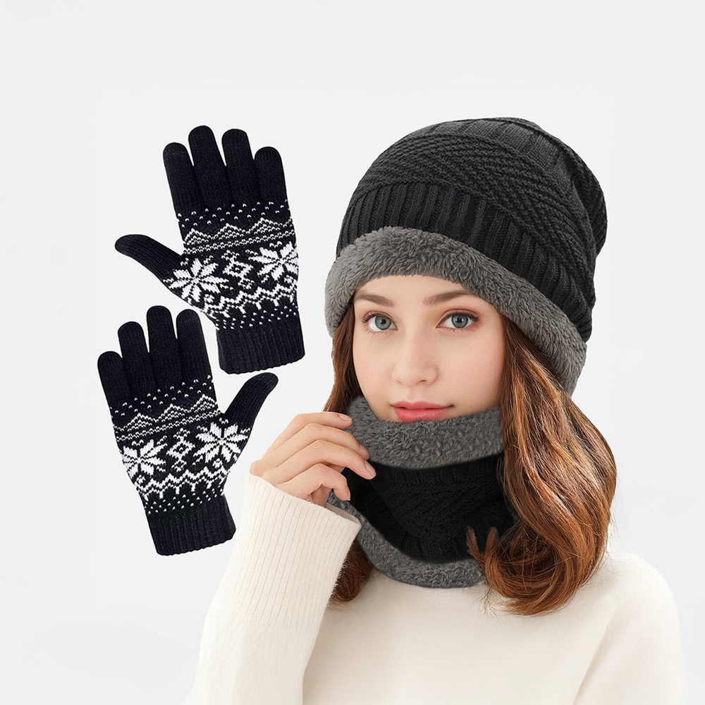 FIMS Fashion Woolen Hand Gloves with Beanie Hat and Neck Warmer (Black)