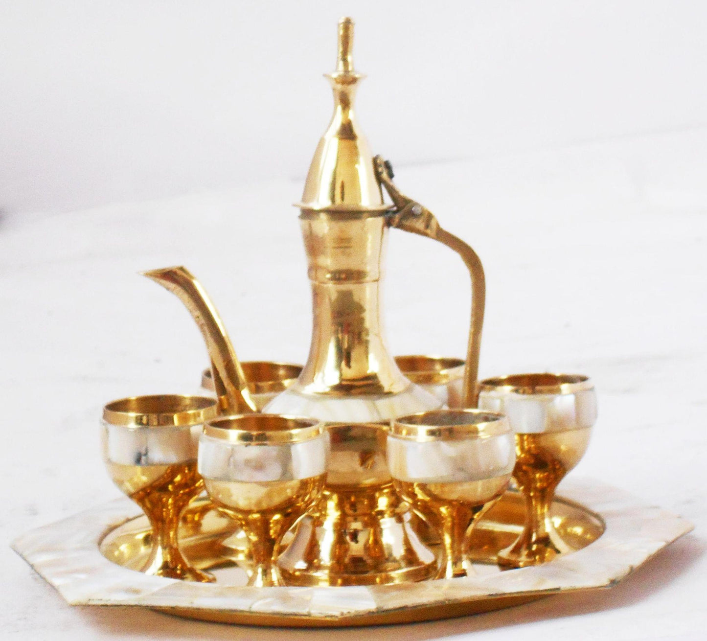 Brass Wine Set With 6 Glass 1 Surahi 1 Tray 0.08Kg