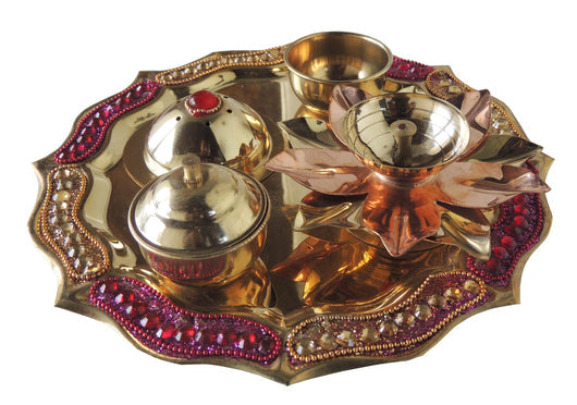 Brass Pooja Thali Fancy Pink Stone