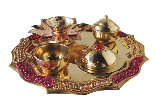 Brass Pooja Thali Fancy Pink Stone