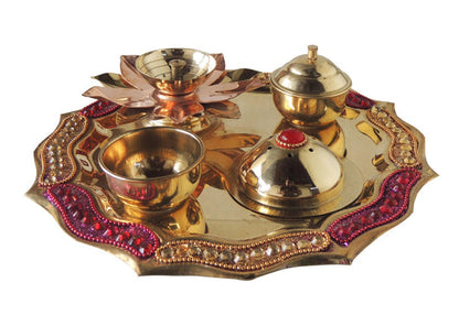 Brass Pooja Thali Fancy Pink Stone